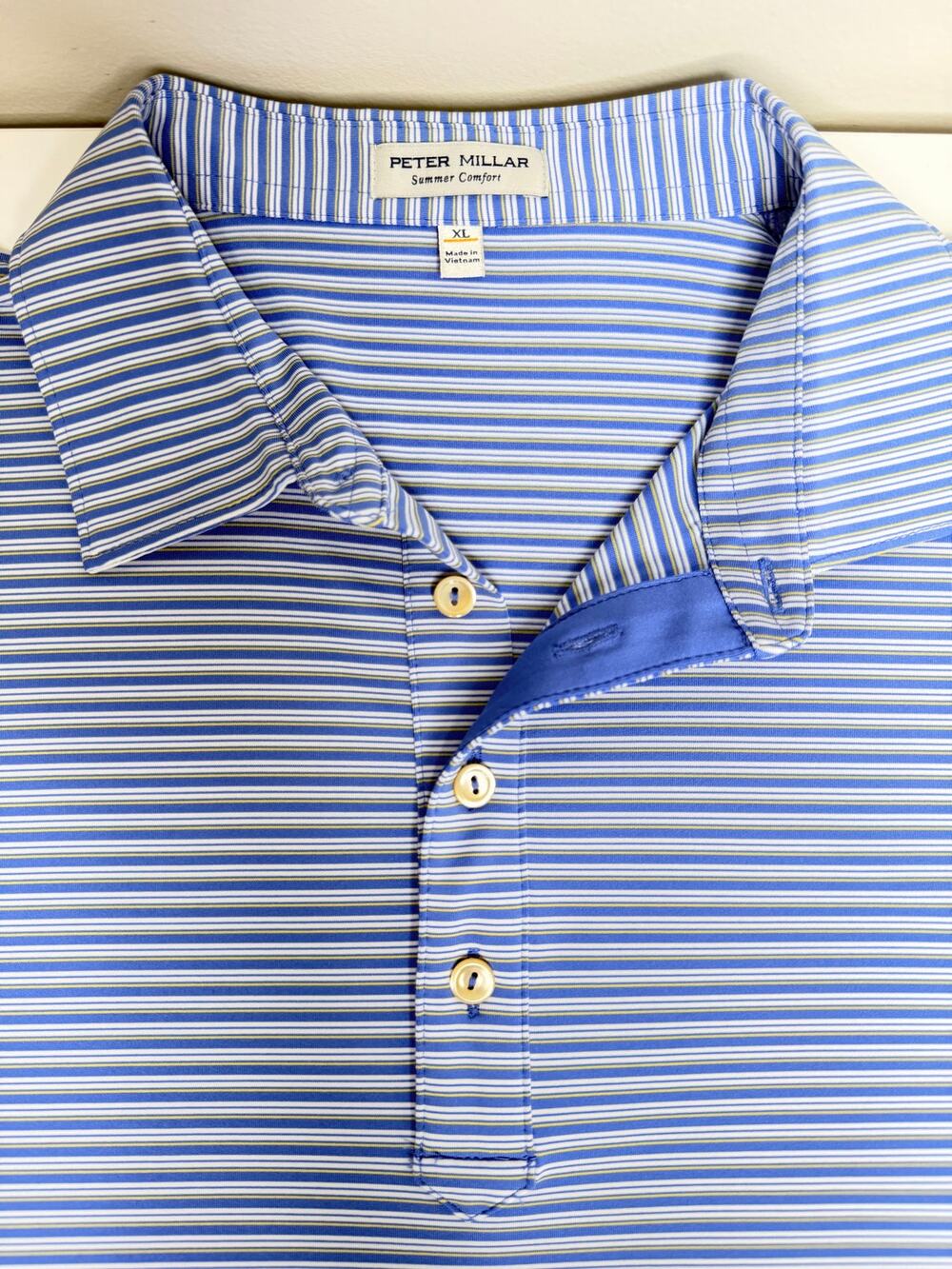 Peter Millar Men’s Summer Comfort Polo Blue White Yellow Stripes Size XL